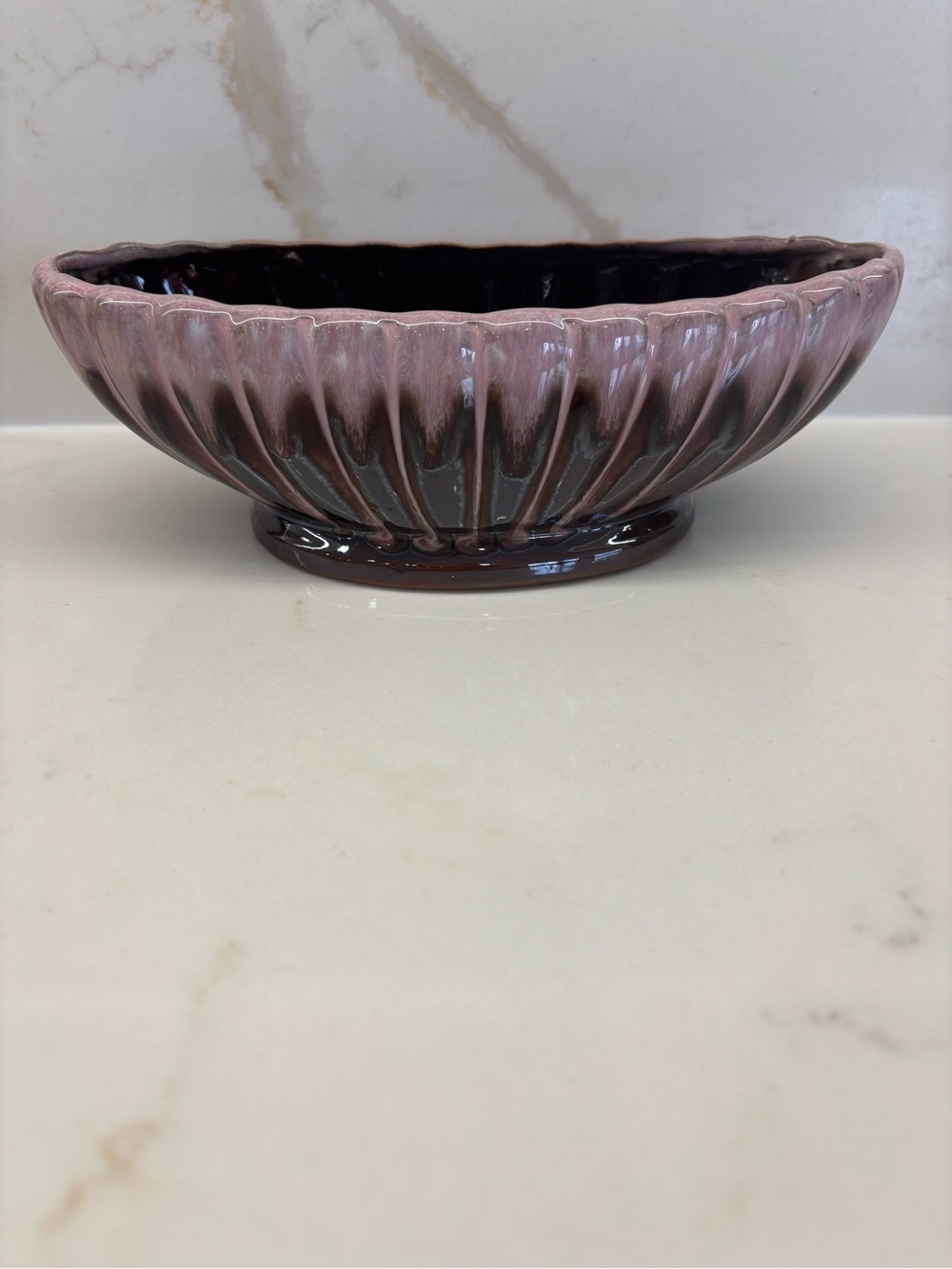 Vintage Drip Glazed Ceramic Footed Bowl Planter Trinket Dish Dusty Rose Brown
